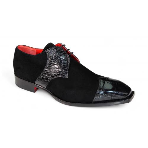 Fennix Italy "Landon" Black Genuine Italian Alligator Suede Leather Lace-Up Dress Shoes.